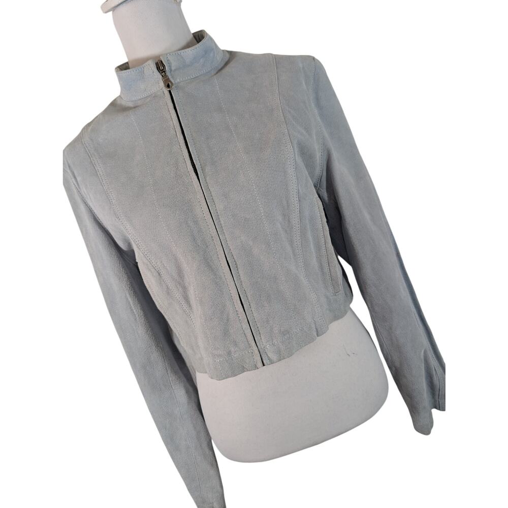 WILSONS LEATHER! POWDER BLUE GENUINE SUEDE LEATHER CROPPED JACKET, COAT! SZ L